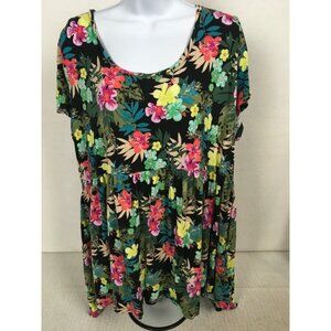 Terra n Sky Dress Women Size 1X Black w Colorful Floral Scoop Neck Short Sleeves